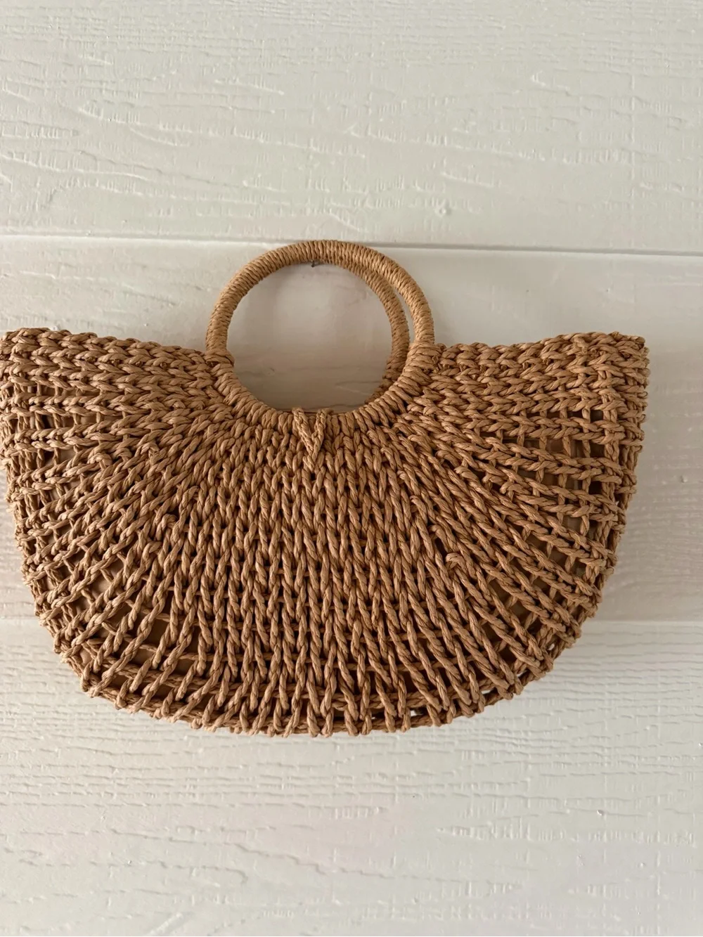 Natural Raffia Woven Circle Handle Tote Bag Beach Purse Boho